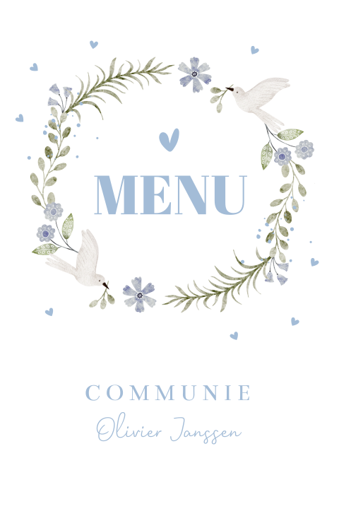 Menukaart communie bloemenkrans vogels blauw