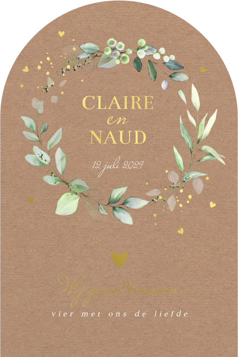 Trouwkaart botanisch bladeren groen boog goudfolie