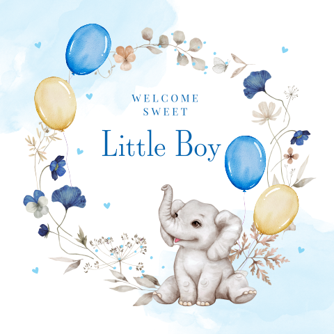 Felicitatie kaart geboorte baby jongen illustratie olifantje ballonnen