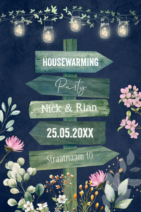 Uitnodiging housewarming party wegwijzer hout lampjes bloemen