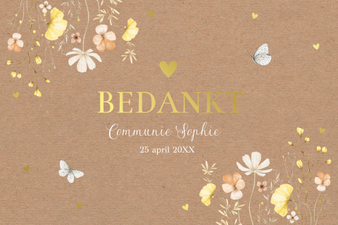 Bedankkaart communie meisje bloemen geel vlinders goudfolie kraft
