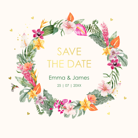 Save the Date kaart tropische bloemen roze