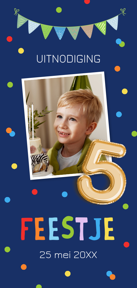 Uitnodiging kinderfeestje jongen 5 jaar foto confetti slinger