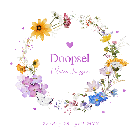 Doopkaart meisje zomerse bloemen krans paars hoogglans
