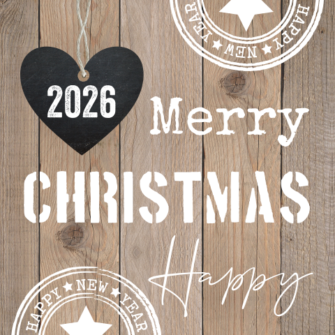 Kerstkaart typografie hout look 2026