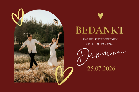 Bedankkaart huwelijk rood foto boog vorm hartjes goudfolie