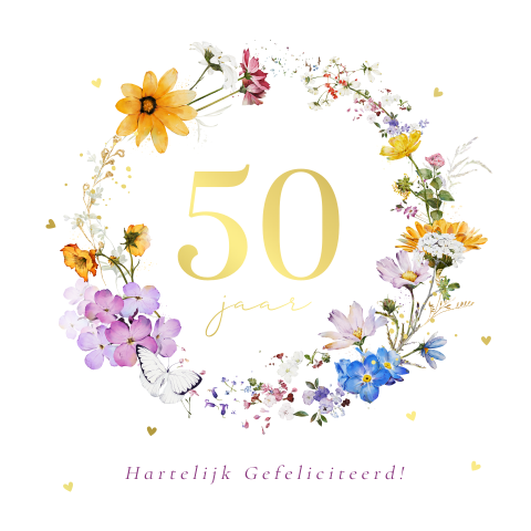 Verjaardagskaart vrouw bloemenkrans 50 jaar goudfolie