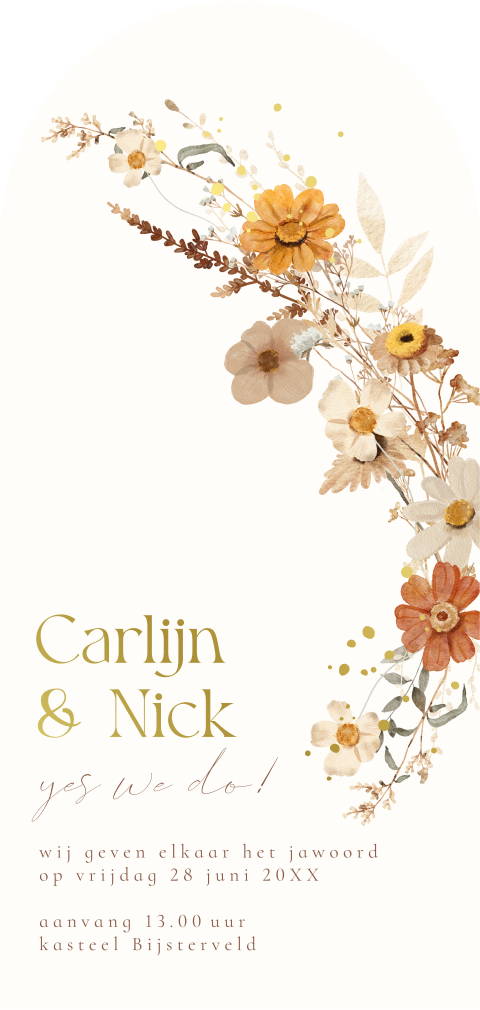 Trouwkaart langwerpig boog stijlvol crème wit bloemen boeket goudfolie