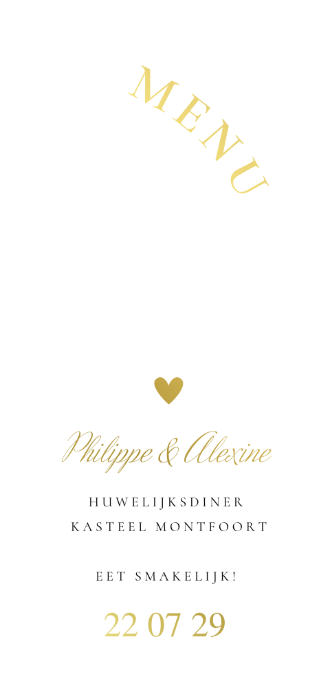 Menukaart huwelijk wit halve boog goudfolie