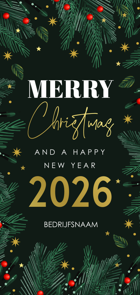 Zakelijke kerstkaart groen langwerpig kersttakjes goudfolie