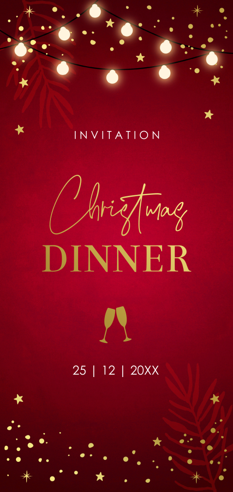 Kerstdiner uitnodiging rood zakelijk langwerpig lampjes goudfolie