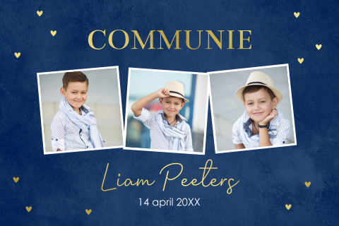 Communie uitnodiging jongen met foto blauw goudfolie fotocollage