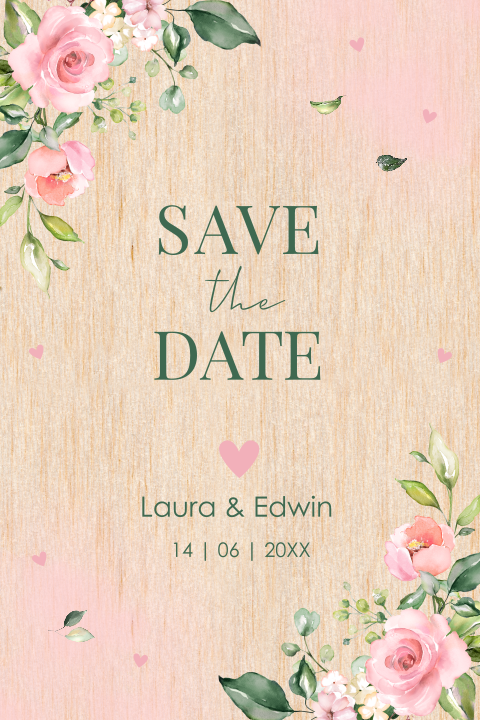 Save the Date kaart op echt hout romantische bloemen roze