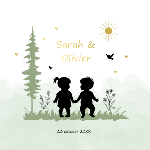 Geboortekaartje tweeling meisje jongen silhouet waterverf groen