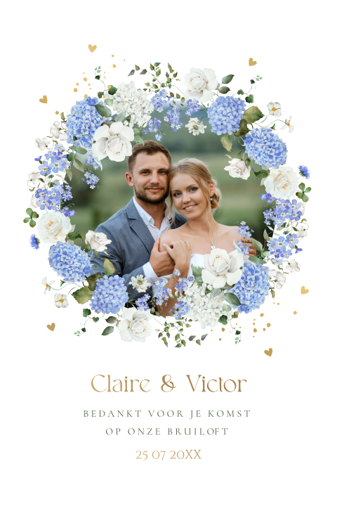 Bedankkaart bruiloft foto bloemen blauw hortensia landelijk goudfolie