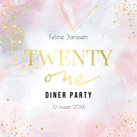 Uitnodiging 21 diner roze watercolor vrouw goudfolie