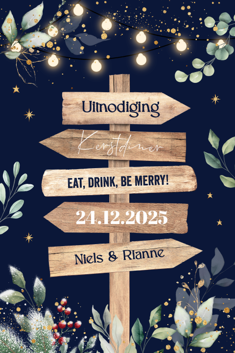 Kerstdiner uitnodiging houten wegwijzer botanisch bladeren