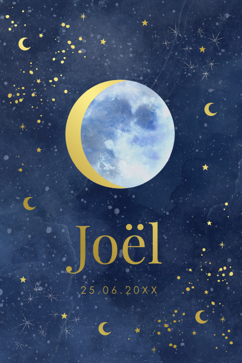 Geboortekaartje jongen blauw maan stand sterren goudfolie