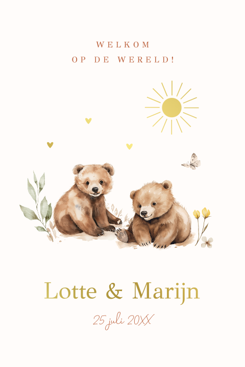 Geboortekaartje tweeling beertjes zon goudfolie