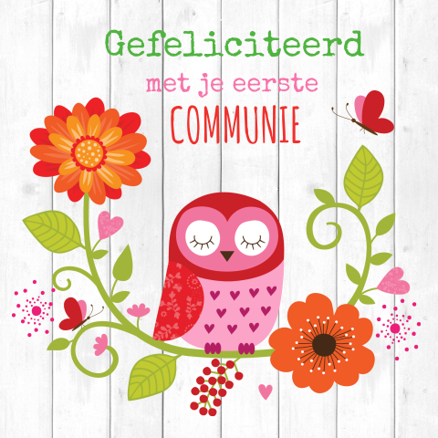 Felicitatie eerste communie kaart meisje uiltje roze houtlook
