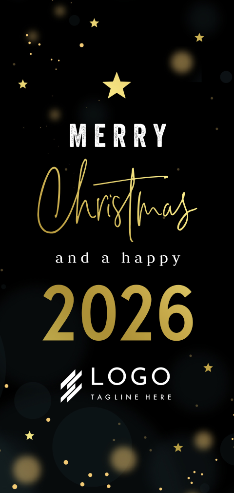 Stijlvolle chique zakelijke kerstkaart zwart logo goudfolie 2026