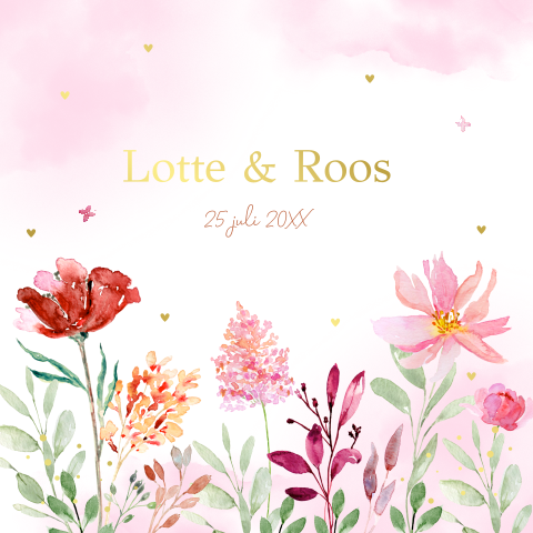 Geboortekaartje tweeling meisjes bloemen roze goudfolie