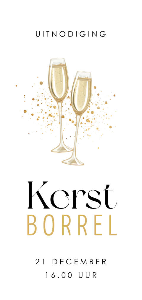 Kerstborrel uitnodiging langwerpig champagneglazen
