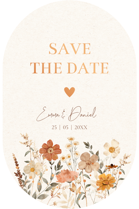 Save the Date kaart ovaal veldbloemen beige geel koperfolie