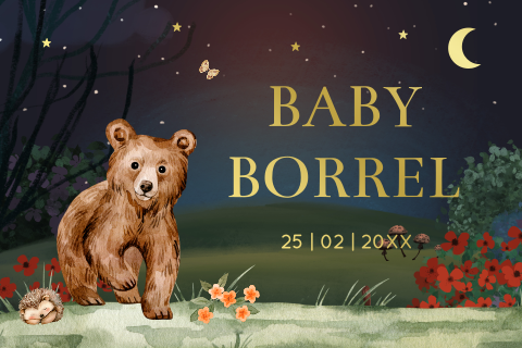 Babyborrel kaartje met beertje bij nacht goudfolie