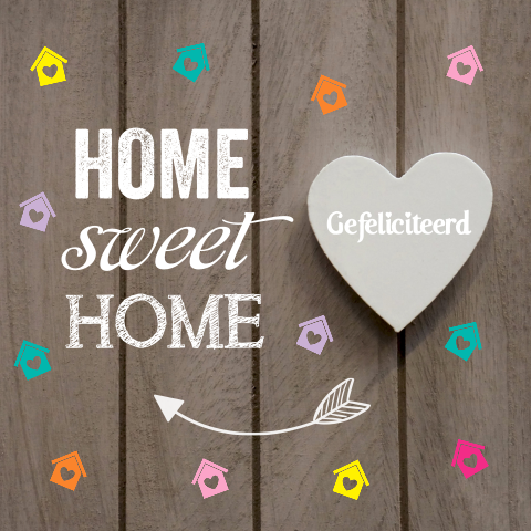 Felicitatie kaart nieuwe woning houtlook hartje huisjes