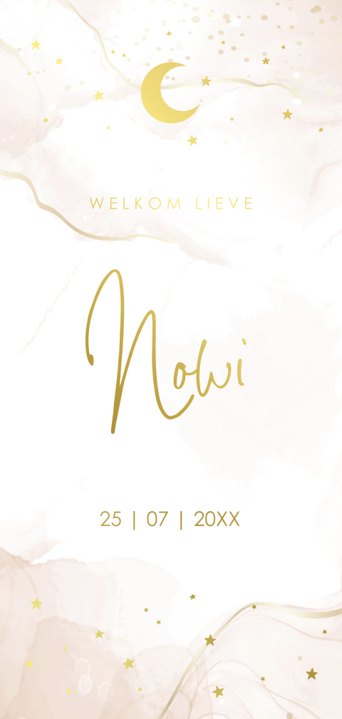 Geboortekaartje beige goud watercolour maan sterren goudfolie