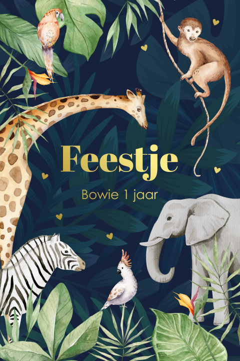Uitnodiging kinderfeestje jongen 1 jaar jungle dieren goudfolie