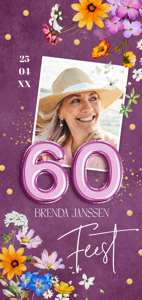 Uitnodiging verjaardag 60 jaar foto bloemen vrouw paars