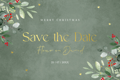 Save the Date kerstkaart groen floral botanisch goudfolie