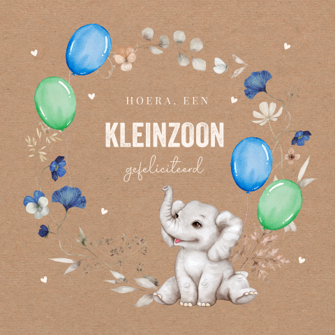 Felicitatie kaart kleinzoon lief olifantje en ballonnen blauw