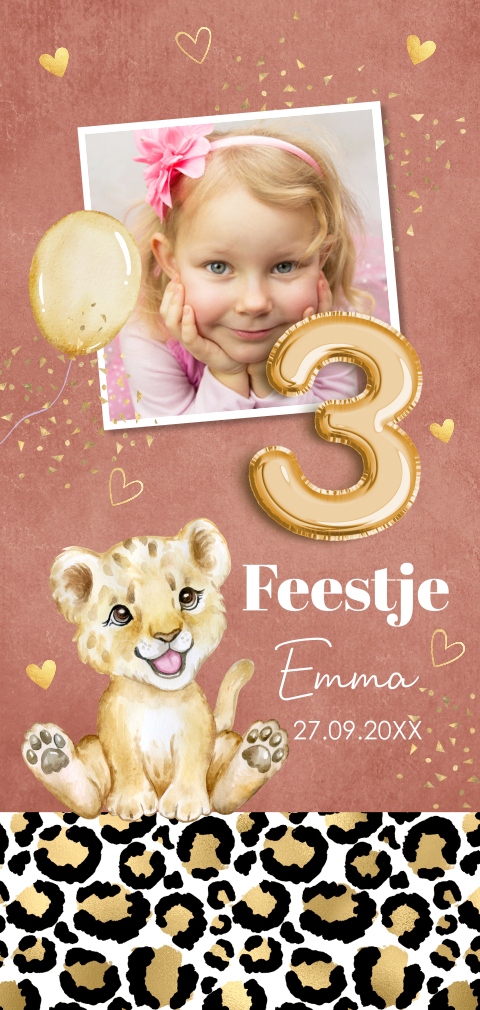 Uitnodiging kinderfeestje meisje 3 jaar foto leeuwtje ballon