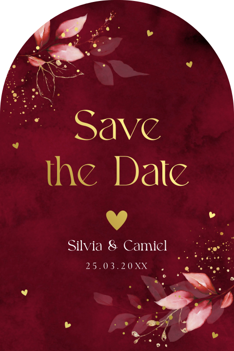 Save the Date kaart rood botanisch blaadjes boog vorm goudfolie