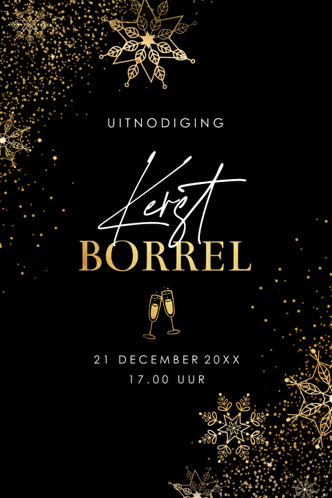 Kerstborrel uitnodiging zwart goudlook zakelijk sneeuwvlokken sterren