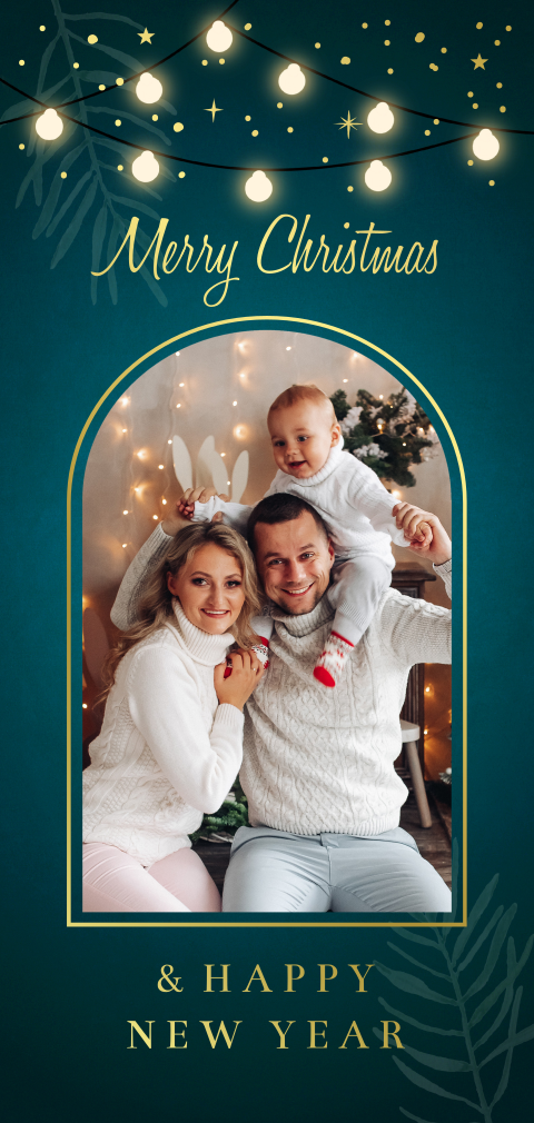 Kerstkaart met foto boog blauw langwerpig goudfolie