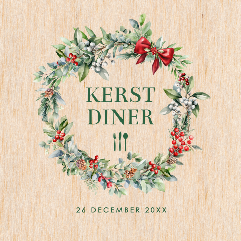 Kerstdiner uitnodiging echt hout met kerstkrans