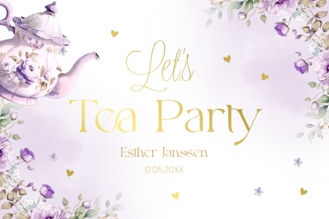 High Tea uitnodiging paars theepot watercolour bloemen goudfolie