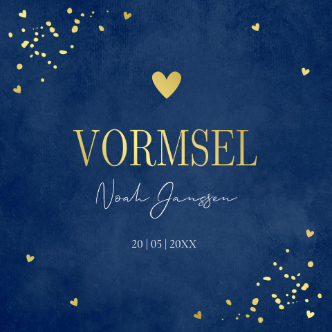 Uitnodiging vormsel jongen donkerblauw goudfolie