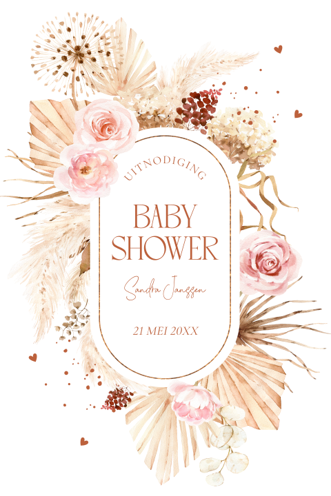 Babyshower uitnodiging meisje bohemian bloemen beige roze