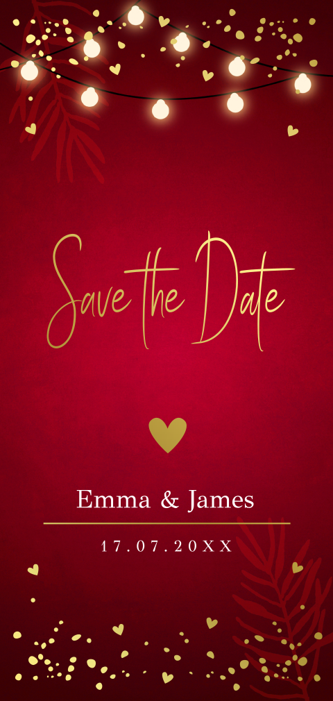 Save the Date kerstkaart rood lampjes goudfolie