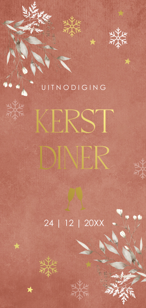 Kerstdiner uitnodiging terracotta botanisch blaadjes goudfolie