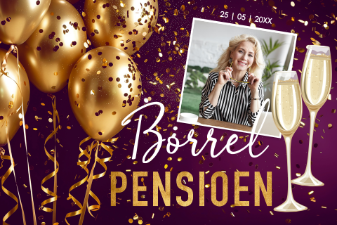 Pensioen uitnodiging paars vrouw eigen foto ballonnen goudlook