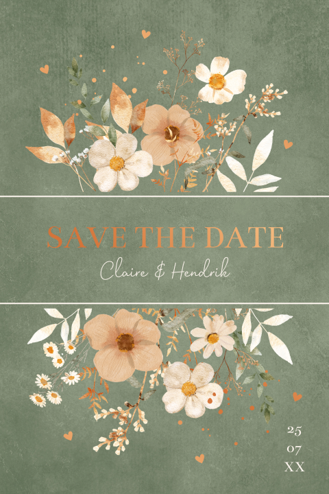 Save the Date kaart groen bloemen beige koperfolie staand