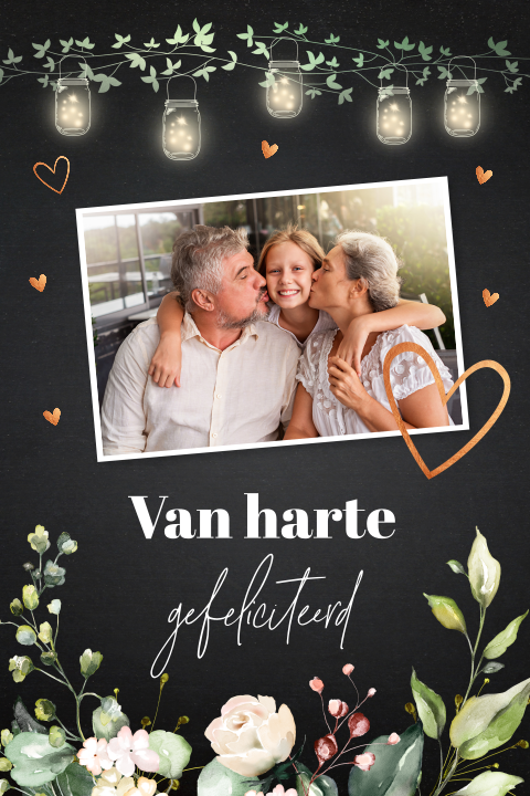 Verjaardagskaart eigen foto zwart bloemen lampjes koperlook