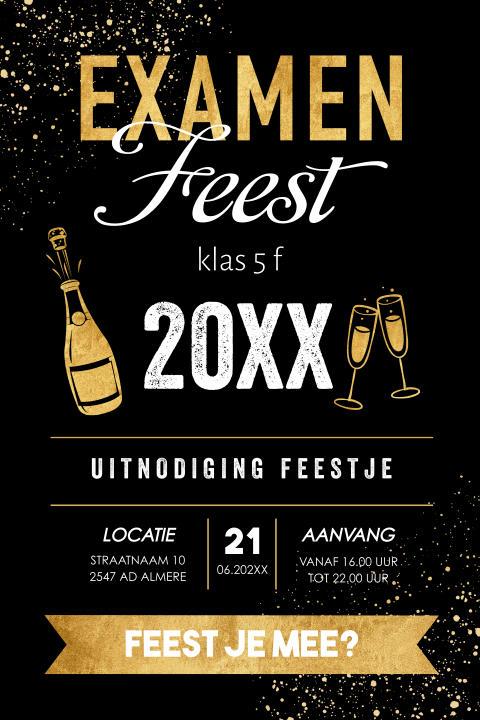 Uitnodiging geslaagd examenfeest zwart goud look tekst
