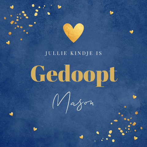 Felicitatie kaart doop jongen blauw spetters hartjes goudlook